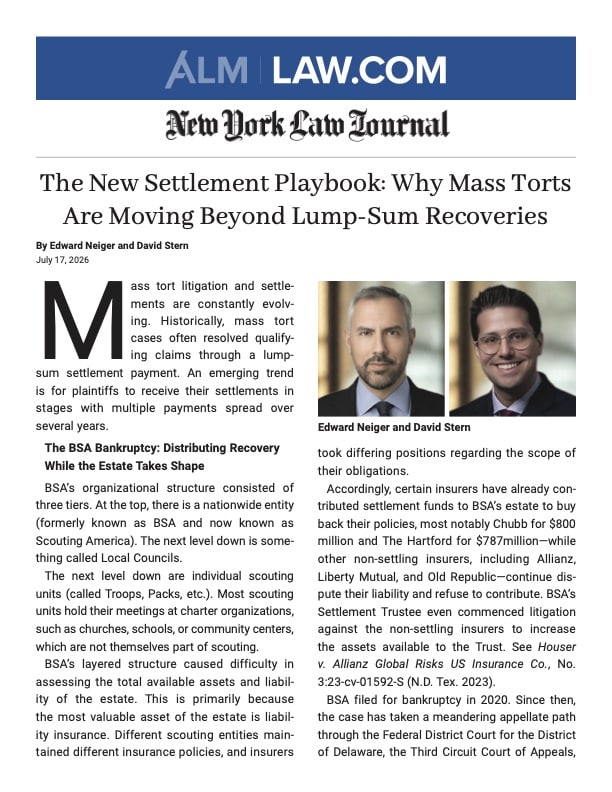 Law article front page with ALM LAW.COM banner, New York Law Journal masthead, and two headshots beside the headline about mass tort settlements.