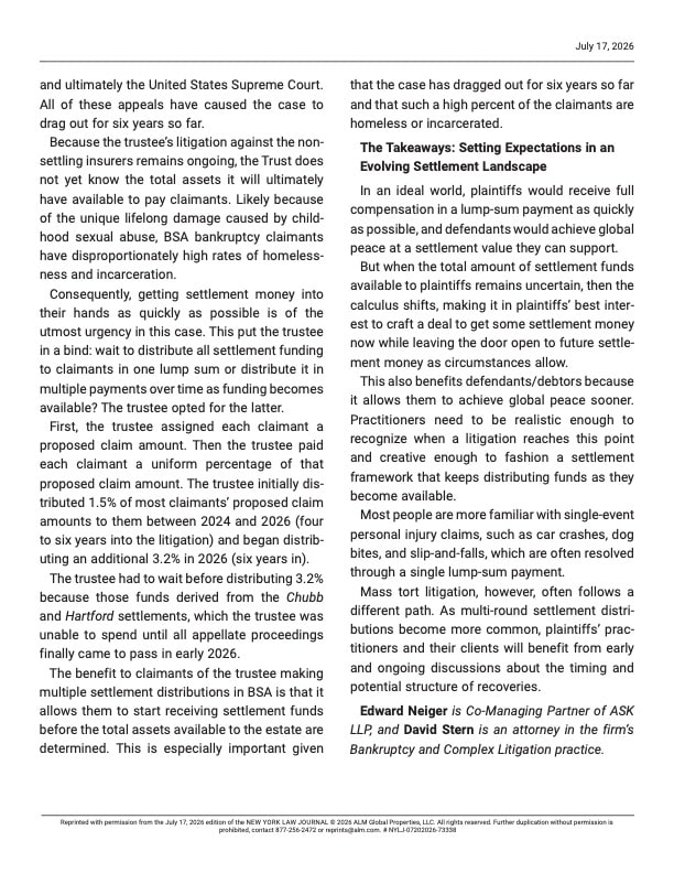 Two-column page from a legal publication dated July 17, 2026, with the section title 'The Takeaways: Setting Expectations in an Evolving Settlement Landscape' and dense legal text.